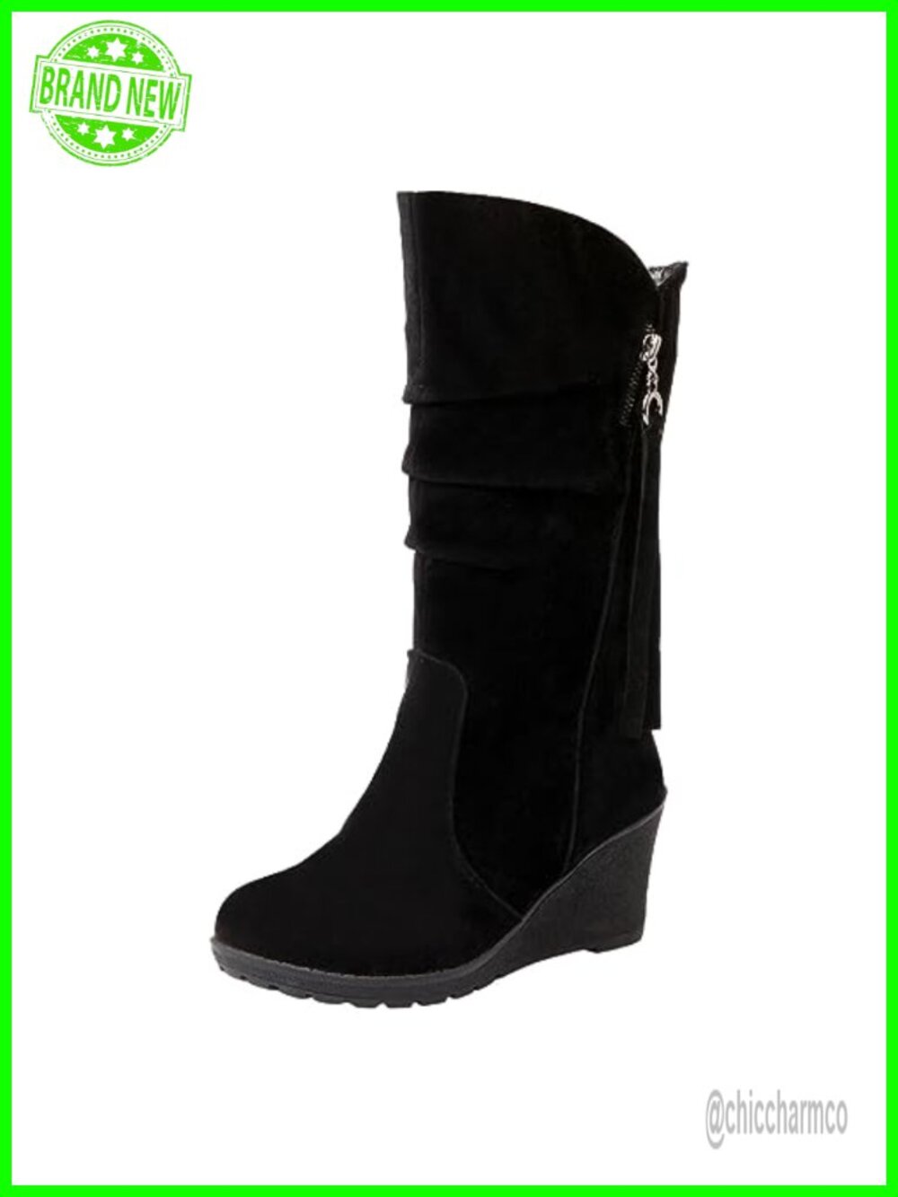 Slouch Boot Mid Calf Wedge Heel Faux Fur Lined Suede Leather Winter